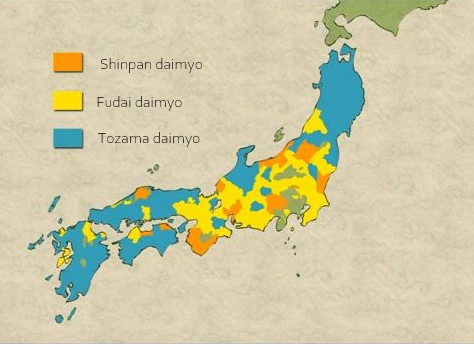 Kinhan Daimyo: Tokugawa clan
Fudai Daimyo: Retainers who served the Tokugawa family before the Battle of Sekigahara
Tozama Daimyo: Daimyo who became vassals to the Tokugawa family after the battle