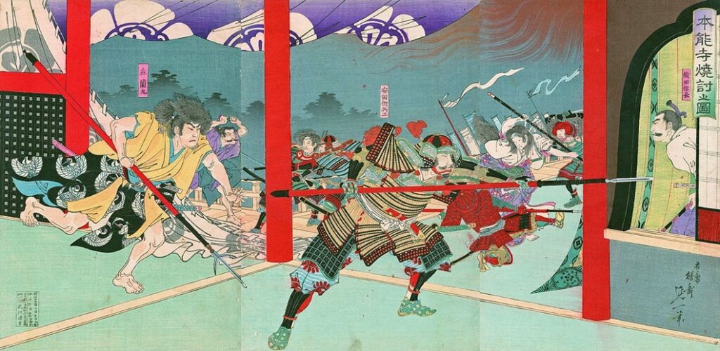 The Burning of Honnoji Temple, triptych, by Yosai Enichi