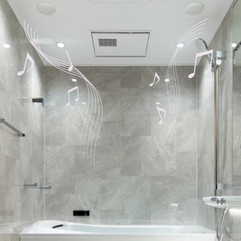 The ceiling-mounted speakers fill the entire bathroom with immersive music. Simply pair with your Bluetooth® device to easily enjoy your bath time with your favorite music.