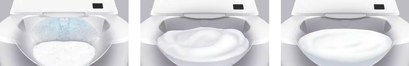Left: Creates plenty of fine bubbles. Center: Spins bubbles left and right to distribute them throughout the toilet bowl. Right: Leaves the toilet bowl in place and then automatically flushes after 3 hours.