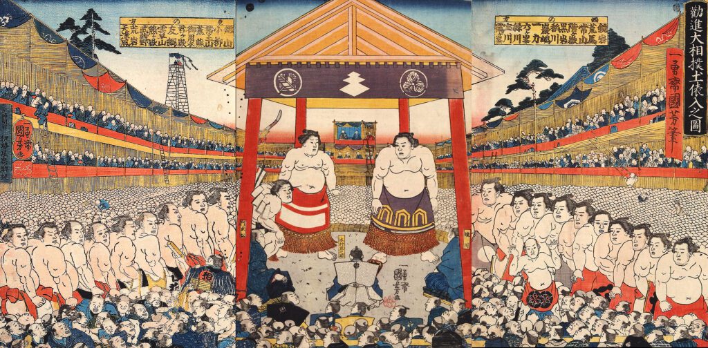 A picture of the participants entering the sumo ring for the fundraising tournament, by Utagawa Kuniyoshi. This is a nishiki-e (colored woodblock print) depicting the main tournament held at Ekoin Temple in Ryogoku in November 1849.