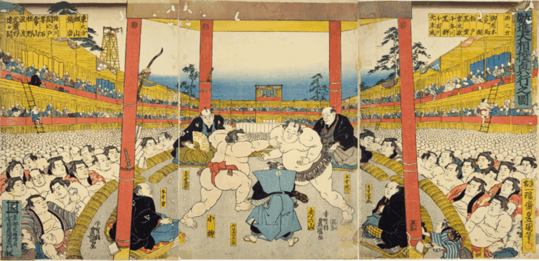 Illustration of a Fundraising Sumo Tournament (Kanjin Ōzumō Kōgyō no Zu), Tenmei 3 (1783), by Matsuoka Tatsukata.