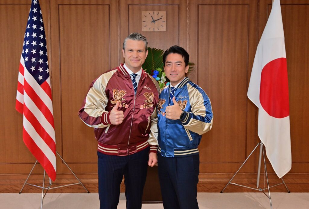 Defense-Minister-Shinjiro-Koizumi-presents-U.S.-Defense-Secretary-Hegseth-with-a-specially-made-sukajan-jacket-and-warms-up-to-him